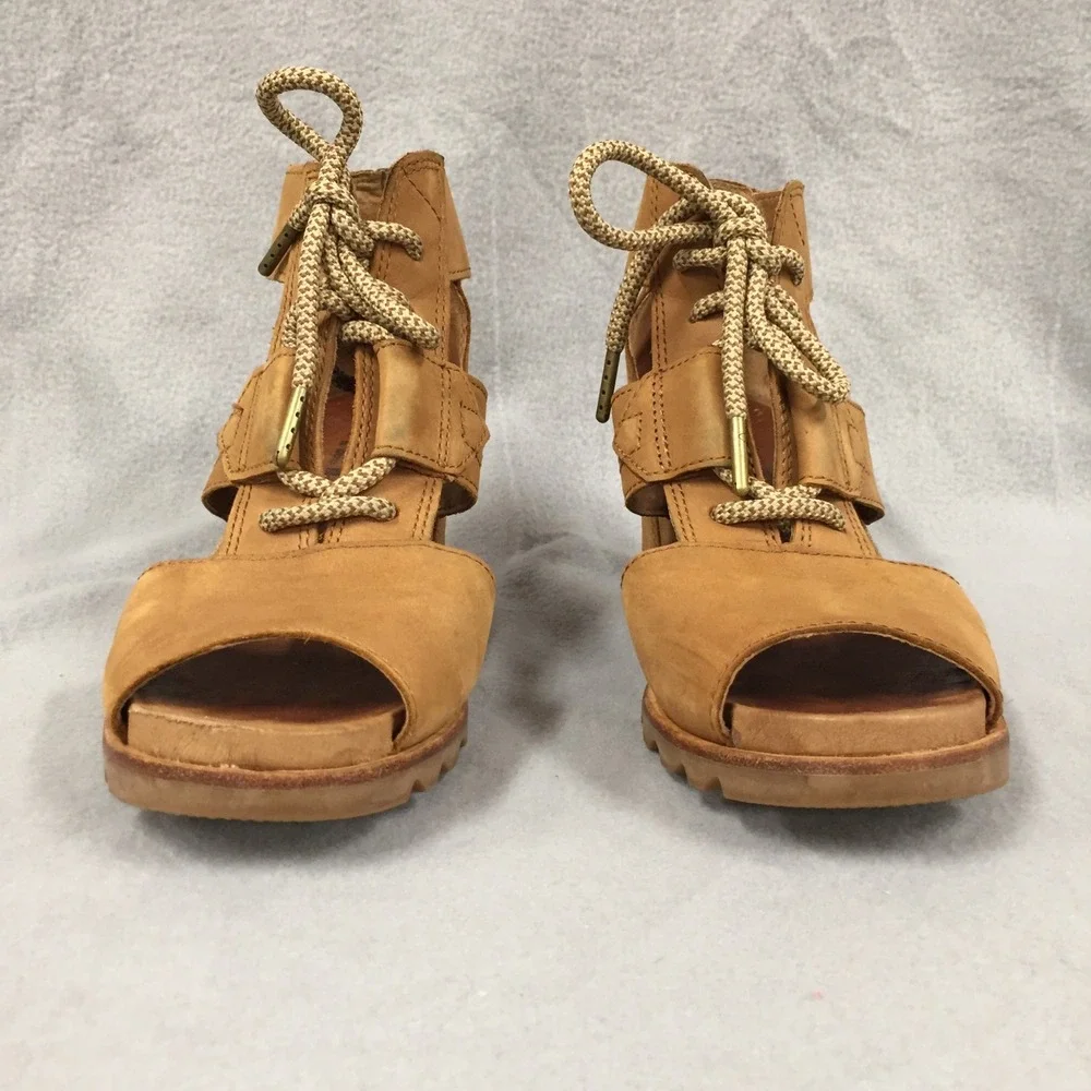 Sorel Joanie Lace Tan Leather Wedge Sandals Peep Toe Lace Up Womens 9 NL2514-224